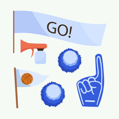 Cheering fan gears vector illustration. Flag with basketball, banner with Go inscription, cheerleaders pom poms, foam finger. Sports fans  accessory concept