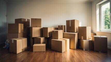 Many stacked cardboard moving boxes in a spacious empty room with sunlight streaming through a window.