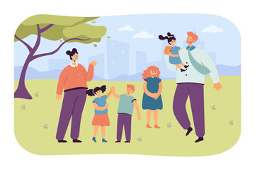Couple with four children walking in city park, spending time together. Vector illustration. Call to have more children. Large family, demographic increase concept