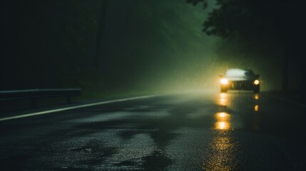 Vehicle with headlights on driving down a wet road amidst a heavy rainstorm in a dense forest setting.