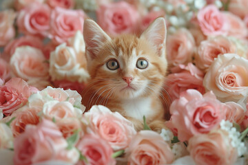kitten is holding a red rose