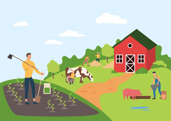 Obraz na płótnie Canvas People working on farm vector illustration. Farmers planting and growing vegetables, feeding animals, milking cow. Organic farming, agriculture concept