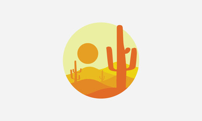 Desert logo design in circle shape, outdoor, landscape, cactus, sunset.