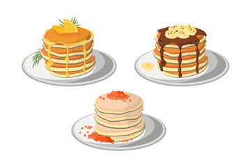 Pancakes with different toppings and fillings. Vector illustration set. Pancakes with caviar, chocolate toping and banana, honey and lemon. Cuisine, recipes, cooking concept