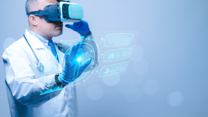 VR Surgery Simulation: Doctors wearing VR headsets in futuristic operating rooms, visualizing...