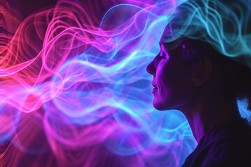 Silhouette of a woman profile with vibrant neon light waves flowing around