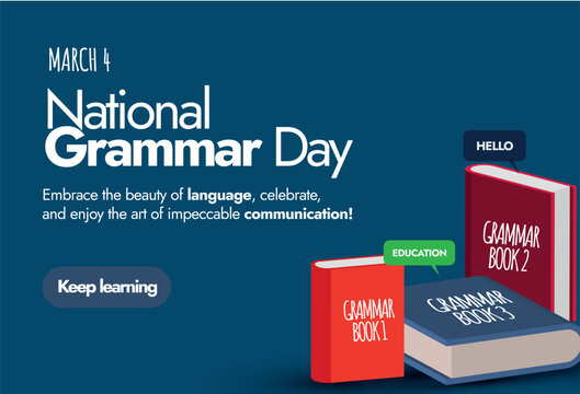 National Grammar Day. March 4, National grammar day celebration banner, card with multiple books in different colour. National grammar day simple and decent conceptual banner for the better learning.