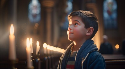 Naklejka premium A young boy looks with wonder in a church, illuminated by candlelight, with a stained glass background.
