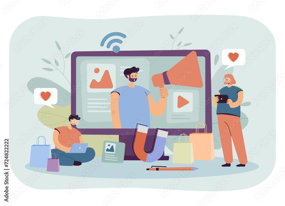 Aufkleber man with megaphone in computer vector illustration. marketing experts with laptop and tablet clickin
