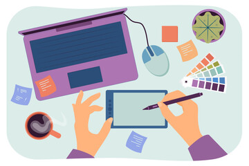 Marketing expert using tablet and laptop to create digital content. Top view. Vector illustration. Digital content creation studio concept