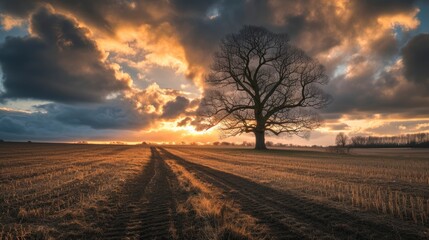 Dramatic skies over a sun lit tree in a field. tracks of farming vehicles leading to single tree