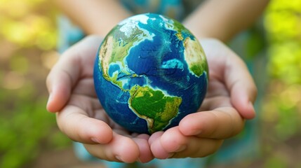 Eco Friendly Blue and green globe in the palm of hands, close up, stock photo