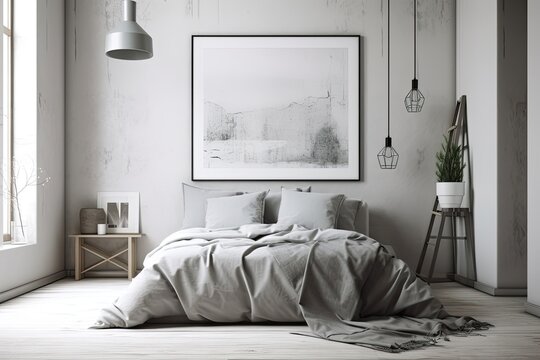 A double bed is located in the interior bedroom corner. Pillows in white and gray with gray bedding. Above the bed, there is a horizontal poster hanging. a mockup