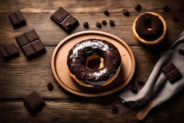 Fototapeta na wymiar Indulgent homemade dessert: dark chocolate donut on rustic wooden plate