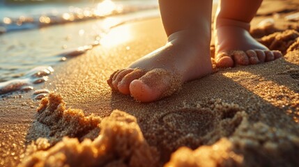 Foot of a small child covered with sand is seen closeup in sunlight and shadow at the seashore, macro view, full detailed, stock photo