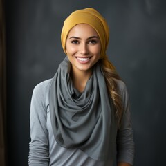 The image shows a woman with a smiling face, wearing a stylish hijab. concept: a modern and elegant approach to a traditional outfit, Muslim world
