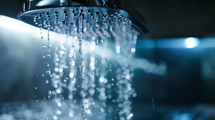 Close-up of water drops flowing from a shower head - obrazy, fototapety, plakaty