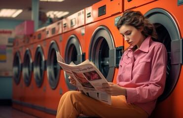 girl in a laundry reading a newspaper - obrazy, fototapety, plakaty