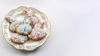 Fototapeta na wymiar Delicious sweet Easter cookies in the shape of a rabbit with glaze and a beautiful ornament on a decorative plate