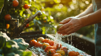 A male gardener washes freshly picked tomatoes.