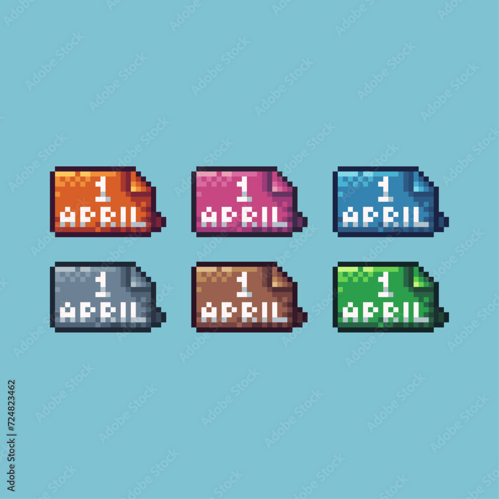 Poster pixel art sets icon of 1 april variation color.1 april fool icon on pixelated style. 8bits perfect f