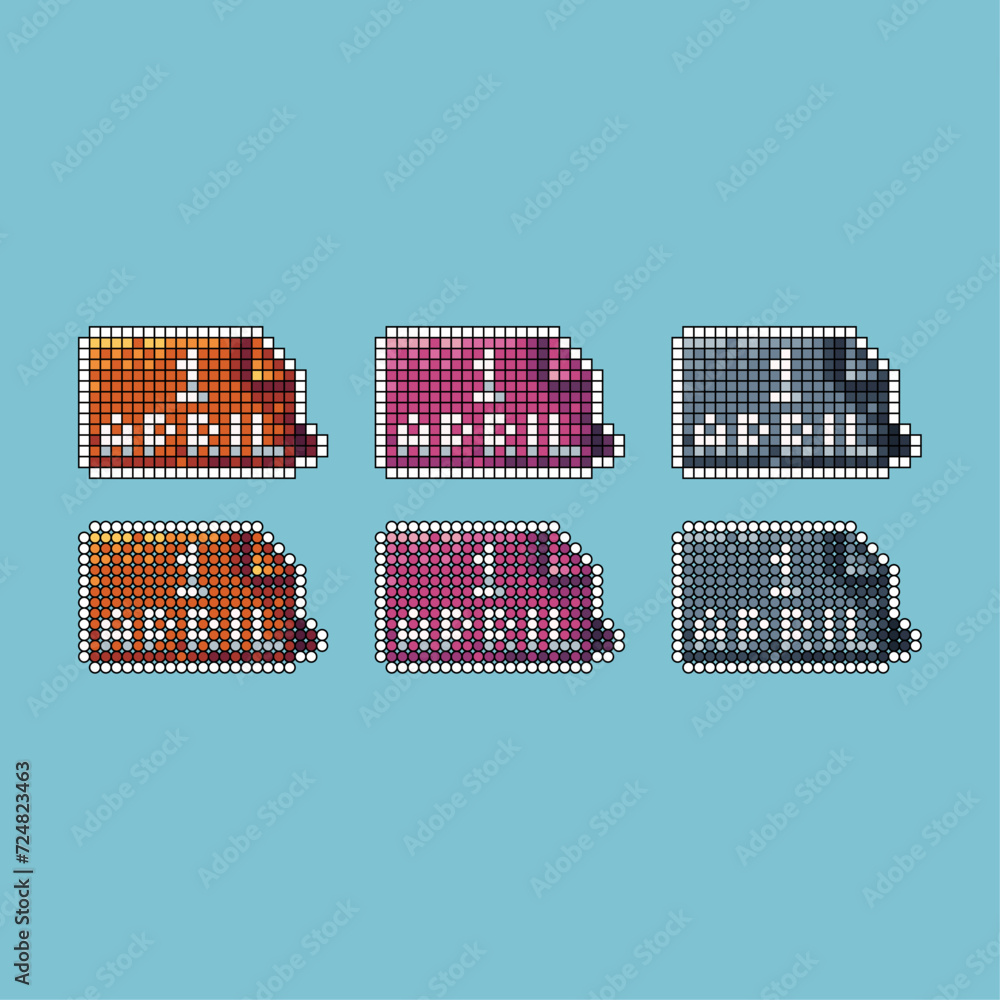 Poster pixel art stroke sets icon of 1 april variation color.1 april fool icon on pixelated style. 8bits pe