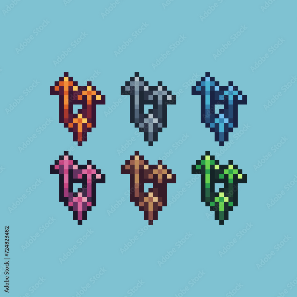 Poster pixel art sets icon of arrow up variation color.upgrade icon on pixelated style. 8bits perfect for g