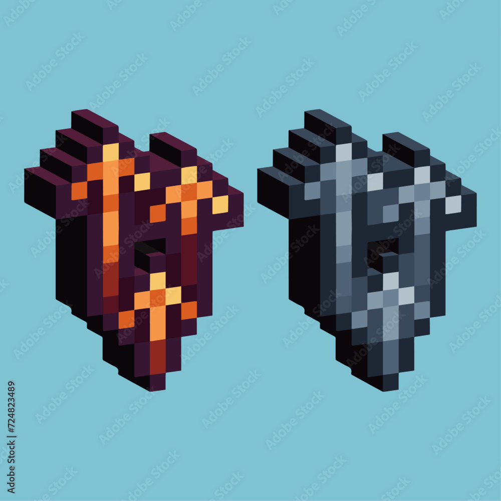 Poster isometric pixel art 3d of upgrade icon for items asset. up arrow icon on pixelated style.8bits perfe