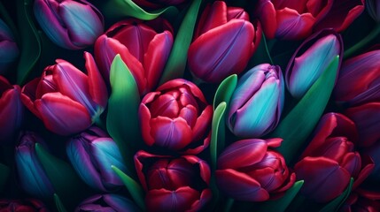 A rich bouquet of red and purple tulips, with a soft focus that creates a dreamy and romantic floral backdrop.