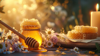 Jar of honey, honeycomb, honey spoon on wooden table