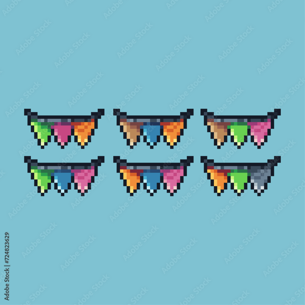 Poster pixel art sets icon of party hanging variation color.party icon on pixelated style. 8bits perfect fo