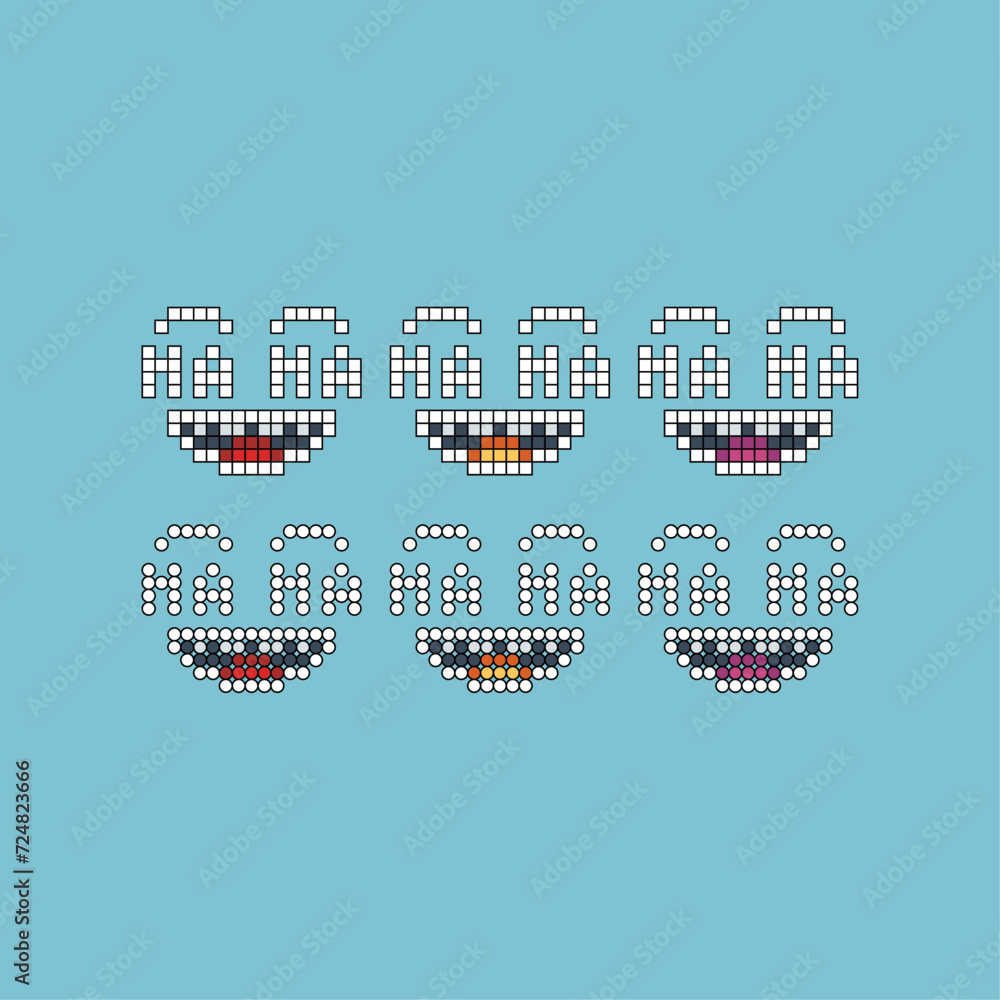 Poster pixel art stroke sets icon of haha face variation color. joke face icon on pixelated style. 8bits pe