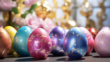 Colorful Easter eggs adorned with gold floral patterns, set against a blurred festive background.