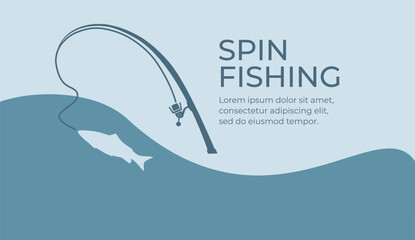Fishing and active hobby. Fishing spining rod with fishing line. Fish biting a lure. Spin fishing on wobbler bait on the lake or river. Leisure. Оutdoor recreational. Vector illustration flat design. - obrazy, fototapety, plakaty