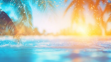 Fototapeta na wymiar Golden sunset over a tropical beach with sparkling water droplets and palm tree silhouettes.