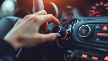 A woman's hand holds a round adjustment knob in a car.