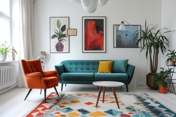 Nordic Living: Teal Sofa and Terra Cotta Armchair in Modern Scandinavian Home Interior
