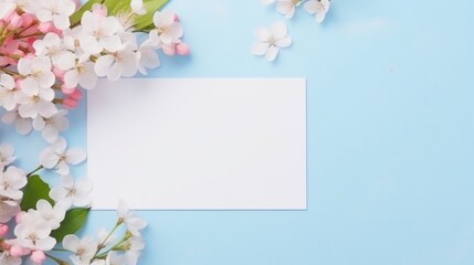A blank white card surrounded by delicate spring blossoms on a soft blue background, perfect for messages.