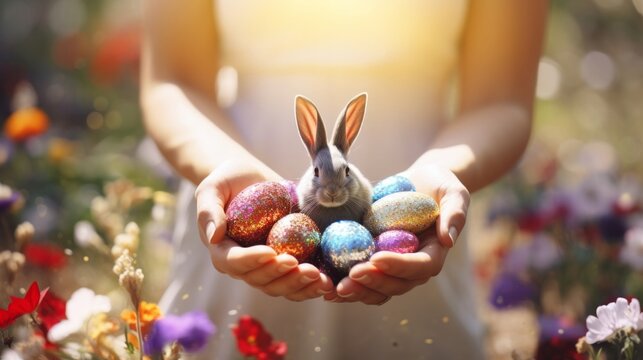 Hands cradling a selection of vibrant Easter eggs and a cute bunny among a backdrop of spring flowers.