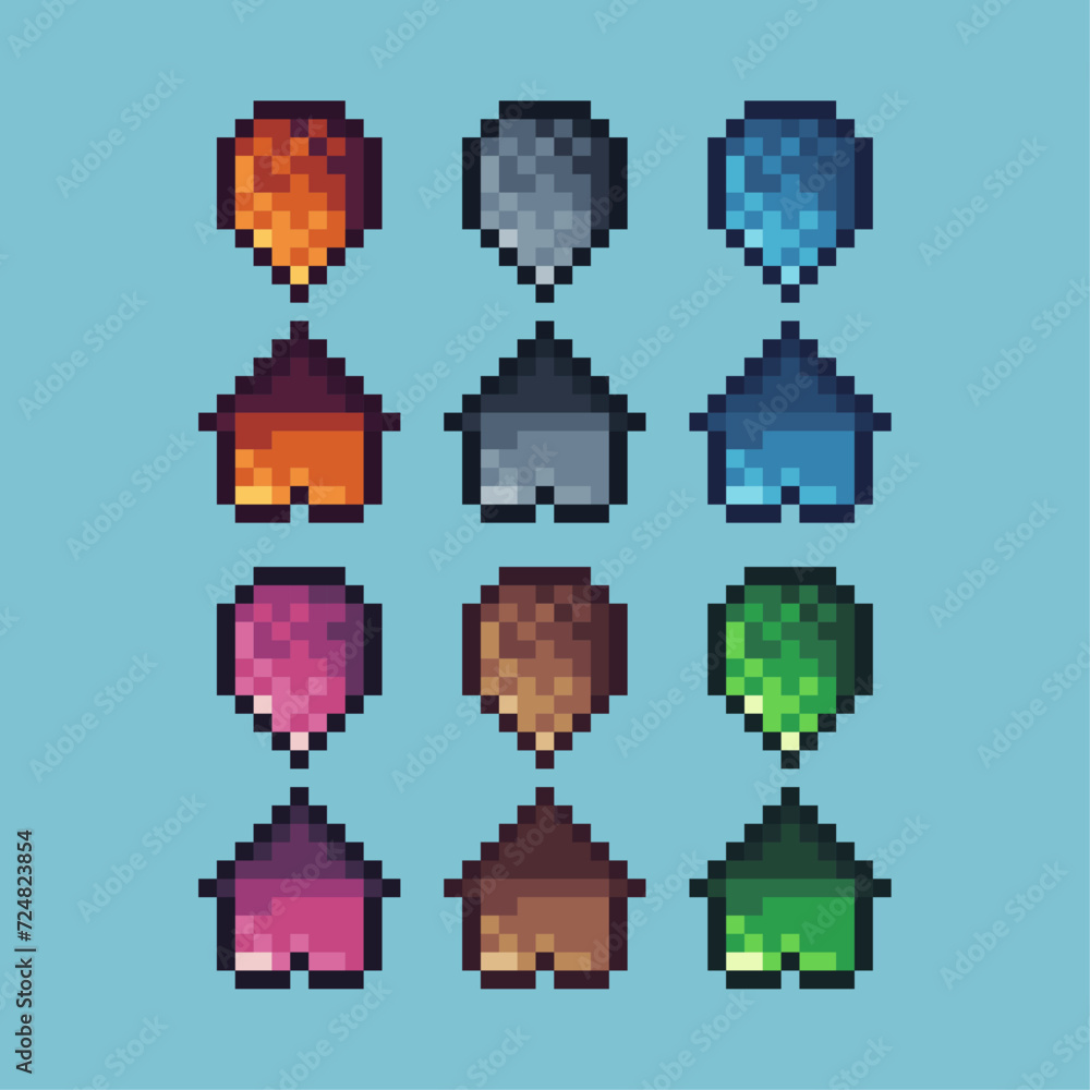 Poster pixel art sets icon of pinpoint home variation color.pin point icon on pixelated style. 8bits perfec