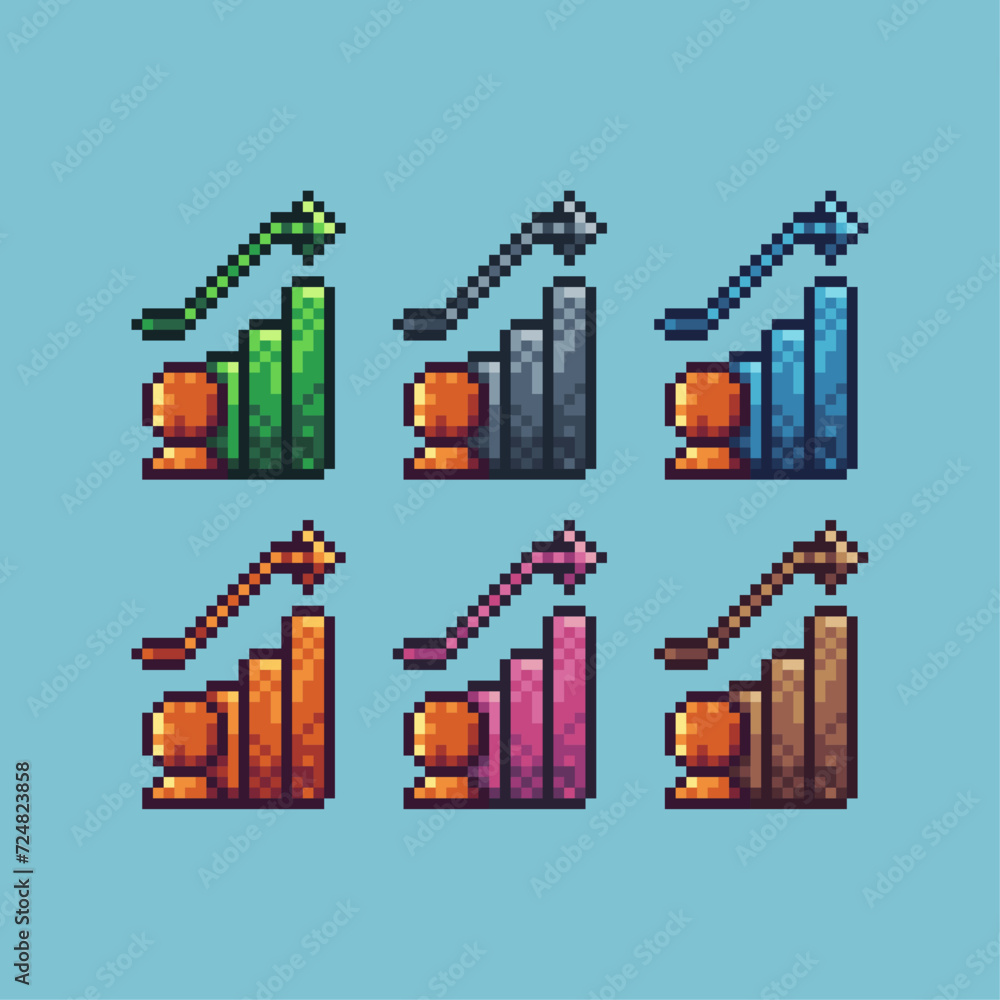 Poster pixel art sets icon of people graph variation color. graph net icon on pixelated style. 8bits perfec