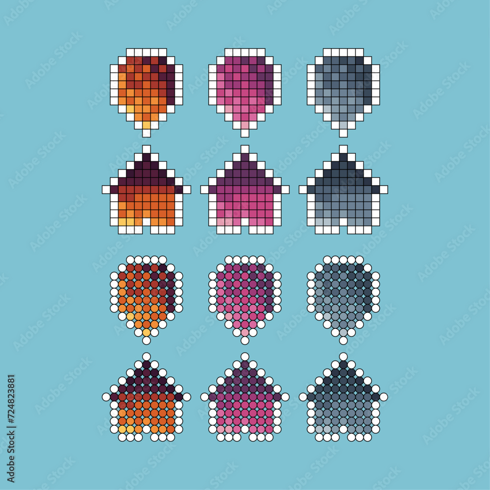 Poster pixel art stroke sets icon of pinpoint home variation color.pin point icon on pixelated style. 8bits