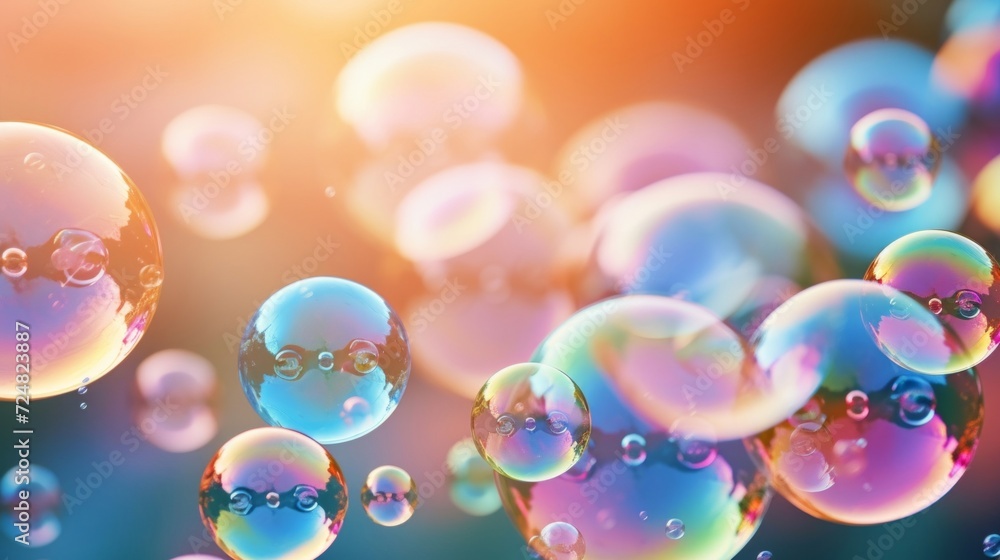 Poster colorful soap bubbles floating with a bokeh background, vibrant and playful atmosphere.
