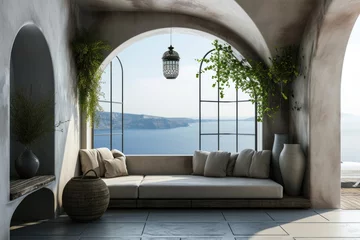 Poster Luxury Mediterranean Living: Modern Interior with Sea View Terrace in Santorini © AIGen