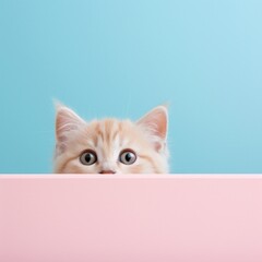 An adorable kitten with wide eyes peeking over a pink edge against a soft blue background, evoking playfulness.