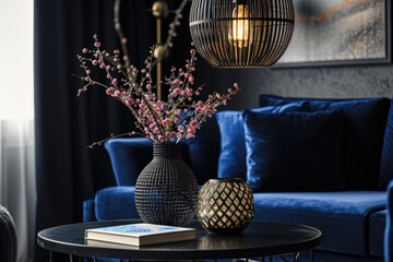 Scandinavian Living Room: Modern Interior Design with Metal Mesh Pendant Light, Coffee Table Books, and Dark Blue Velvet Sofa