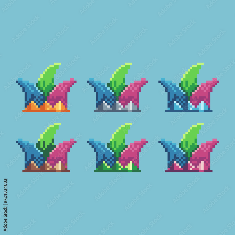 Poster pixel art sets icon of jester hat variation color. clown hat icon on pixelated style. 8bits perfect 
