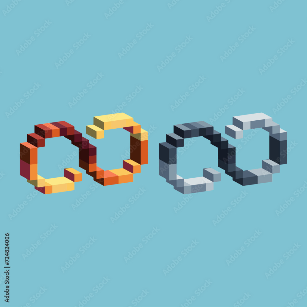 Poster isometric pixel art 3d of unlimited sign icon for items asset. unlimited icon on pixelated style.8bi