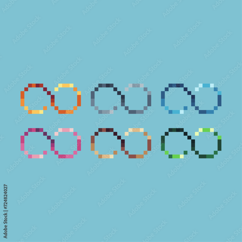 Poster pixel art sets icon of unlimited sign variation color. unlimited icon on pixelated style. 8bits perf