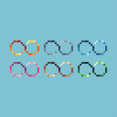 Pixel art sets icon of unlimited sign variation color. unlimited icon on pixelated style. 8bits perfect for game asset or design asset element for your game design. Simple pixel art icon asset.